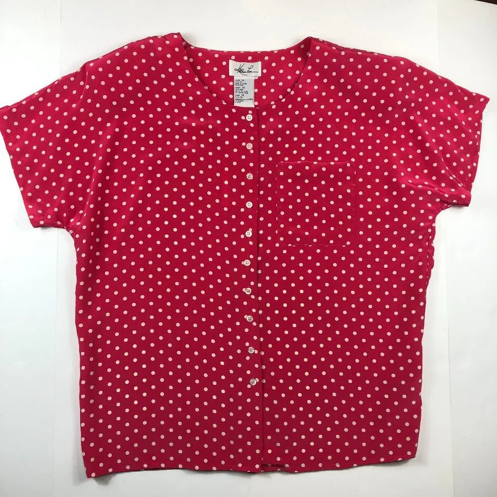 NEW Kathie Lee Vintage Silk Fushia Pink and White Polka Dot Short Sleeve Blouse - Picture 5 of 11